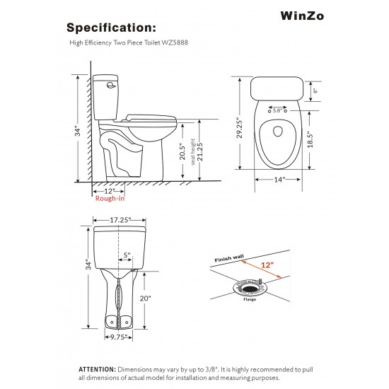 WinZo WZ5888 Extra tall two piece toilet Elongated Bowl with soft